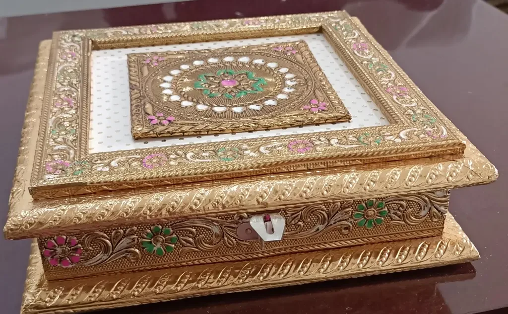 Gold-finish Wooden Dry Fruit Box, 8 inch